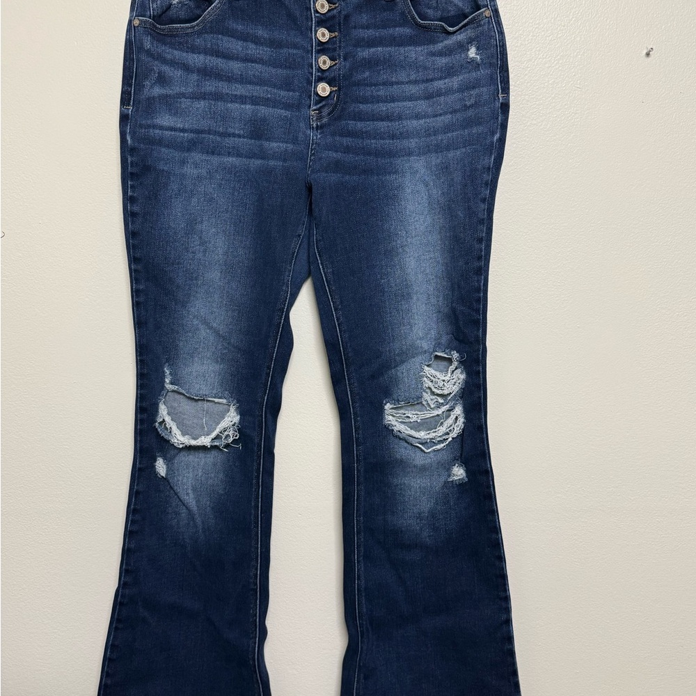 Kancan Women's Blue Distressed Flare Jeans Button front 2XL